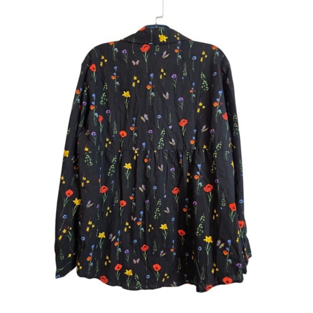 Unbranded Button-Up Blouse Women XL Black Floral Butterfly Pleated Babydoll Back - Picture 3 of 14